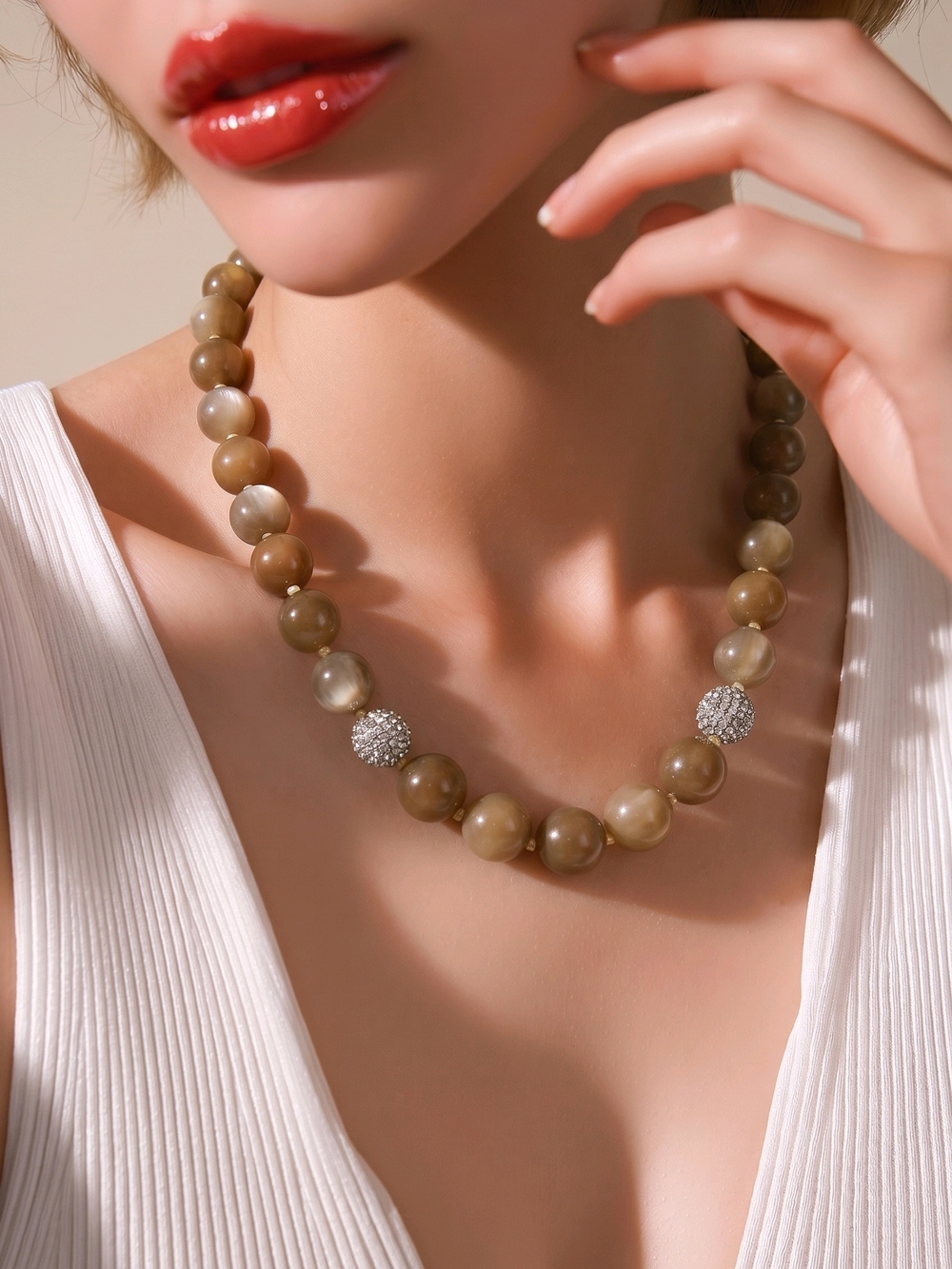 TALBOTS Lucite cat's eye moss green and Swarovski glitter ball Necklace Vintage